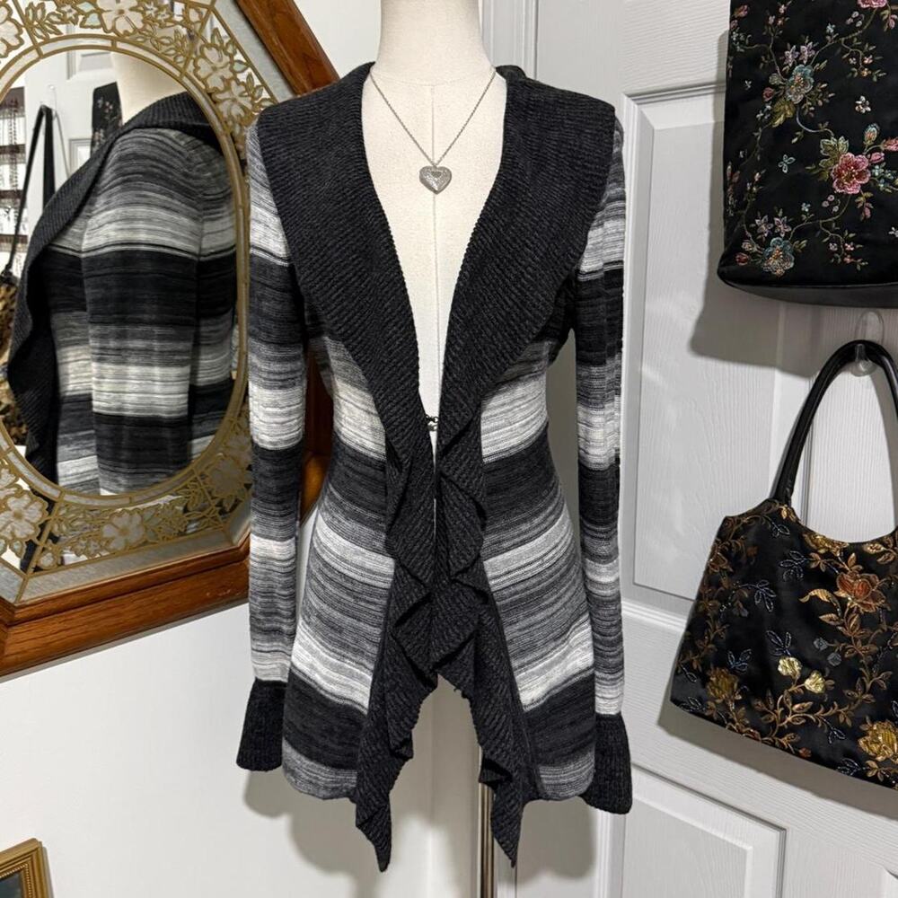 White House Black Market Grey Gradient Striped Ruffle Long Flare Sleeve Cardigan